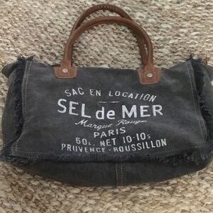 Myra Bag Gray Canvas 'SEL de MER' Satchel with Brown Leather Handles